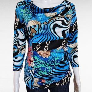 Brianna Baroque Aquatic Jersey Knit Ruched Drapeneck Blouse Size Small